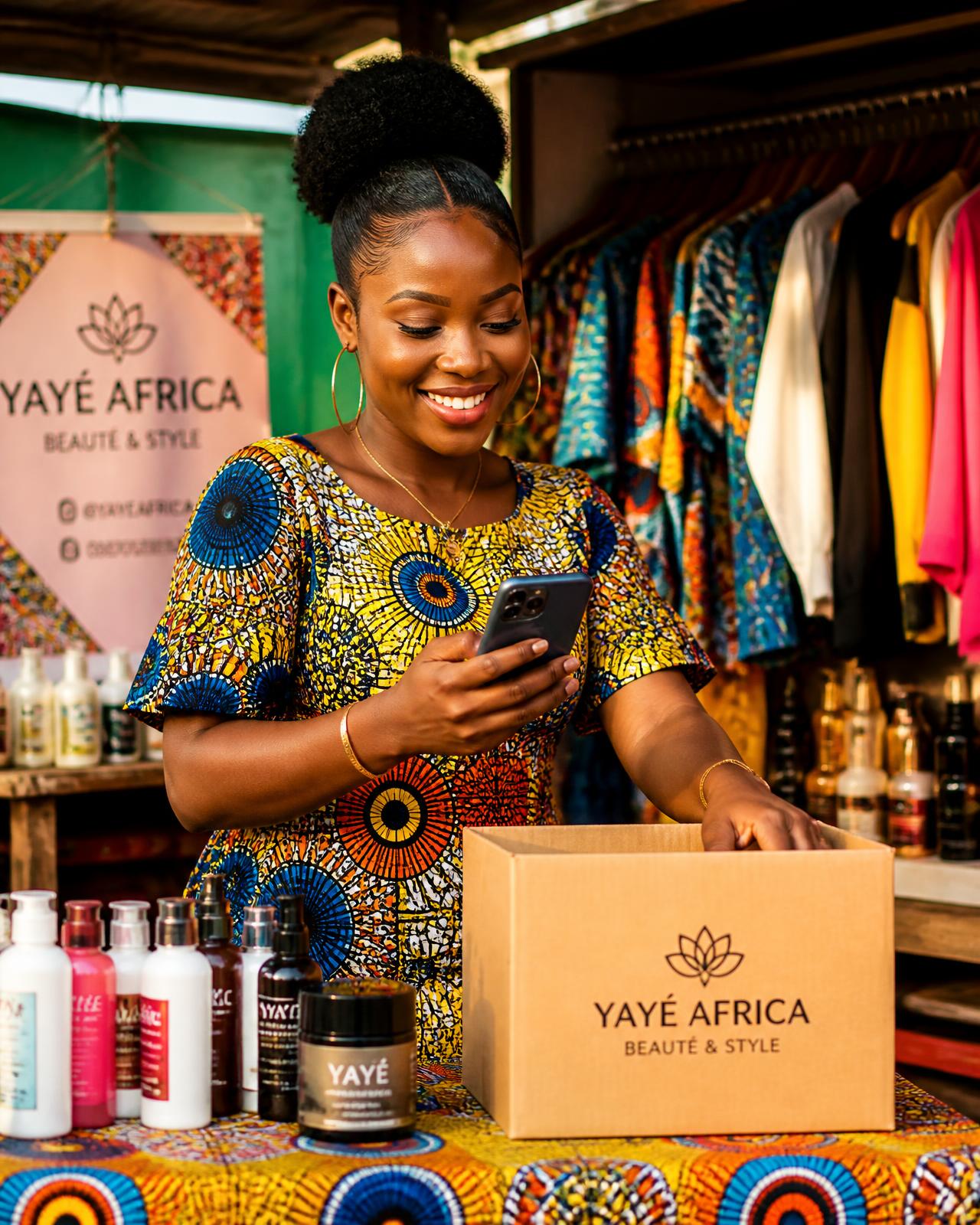 Vendeuse ivoirienne préparant les commandes de sa boutique en ligne